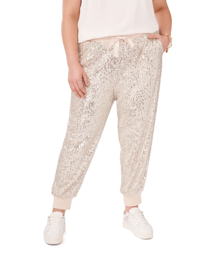 Front of a model wearing a size 1X Kinsley Sequin Joggers in CHAMPAGNE-252 by 1.State. | dia_product_style_image_id:262035
